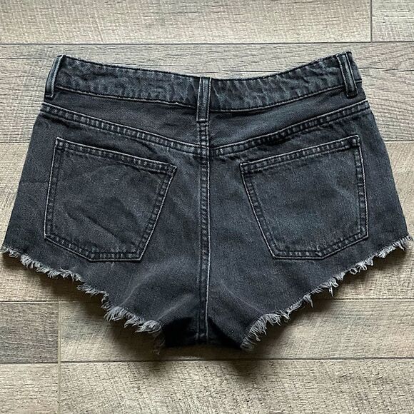 Topshop “KIRI” High-Rise, Distressed, Frayed, Black Jean Shorts. Size 10. - Picture 2 of 8